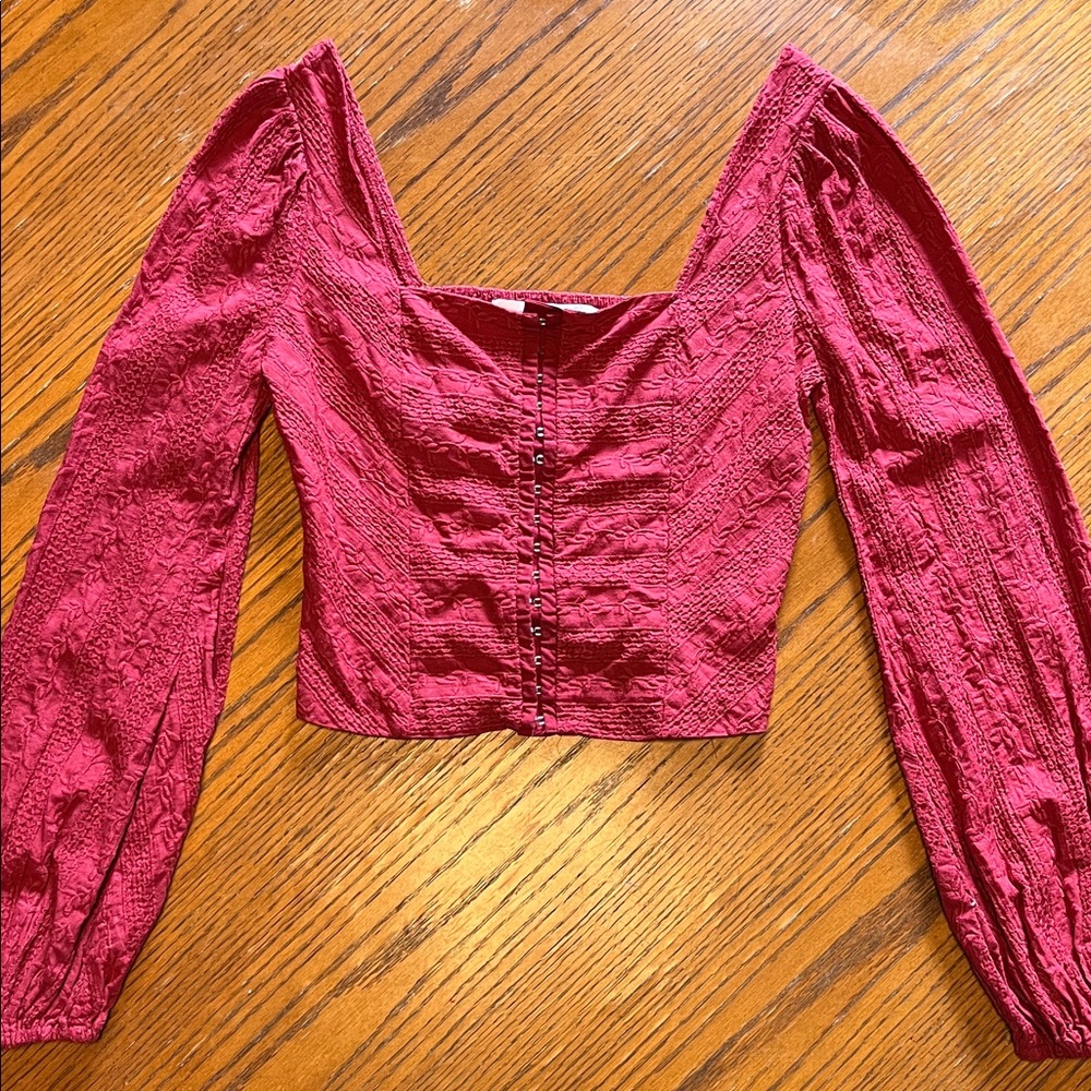 Altar'd State Textured Red Romantic Long Sleeve Corset-look Blouse XS